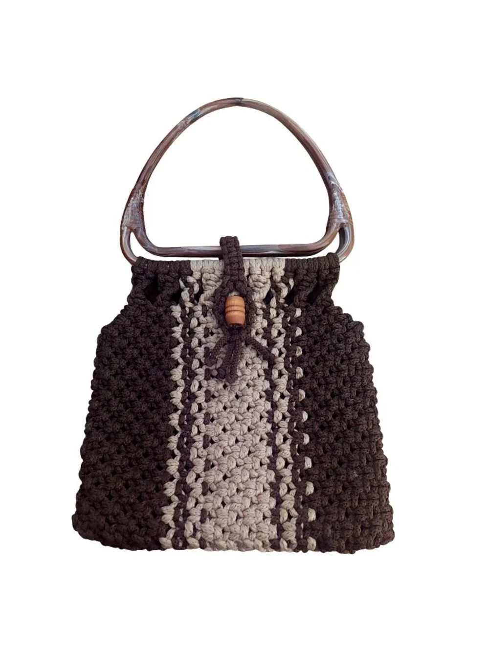Macrame Crochet Handbag Brown Lucite Top Handles Lined Vintage 70s Retro Boho